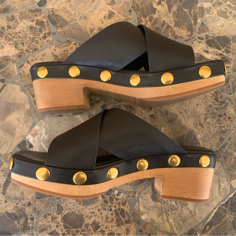 Charlotte Stone Black Leather Wooden Clog Platform Heel Sandal - Picture 5 of 12